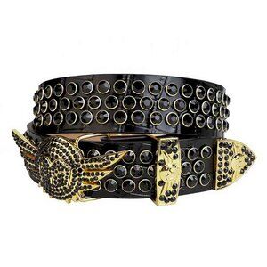 Black Strap With Black Studded Rhinestone Belt with Gold Wings Shaped Black Buck